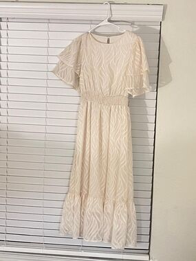 Flutter Sleeve Cream Midi Dress with Smocked Waist